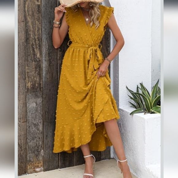 BTFBM Women's 2023 Summer Wrap V Neck Dress Ruffle Sleeve Swiss Dot Boho Sz M - Picture 3 of 16